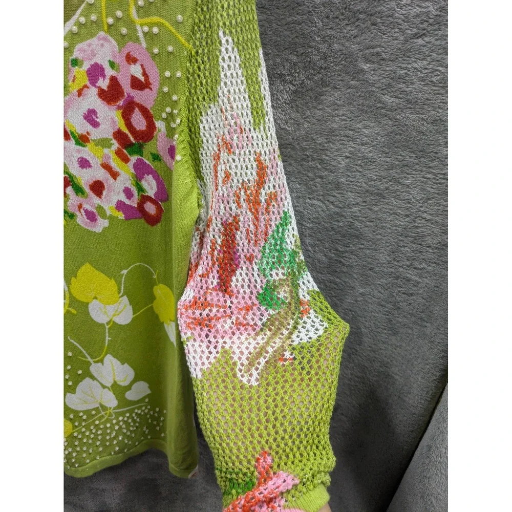 Floral Sweater Womens Medium Knit‎ Mesh Sleeve Beaded Grannycore Cottagecore